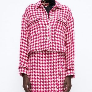 Zara Pink Houndstooth Bomber Jacket with Rhinestone Buttons